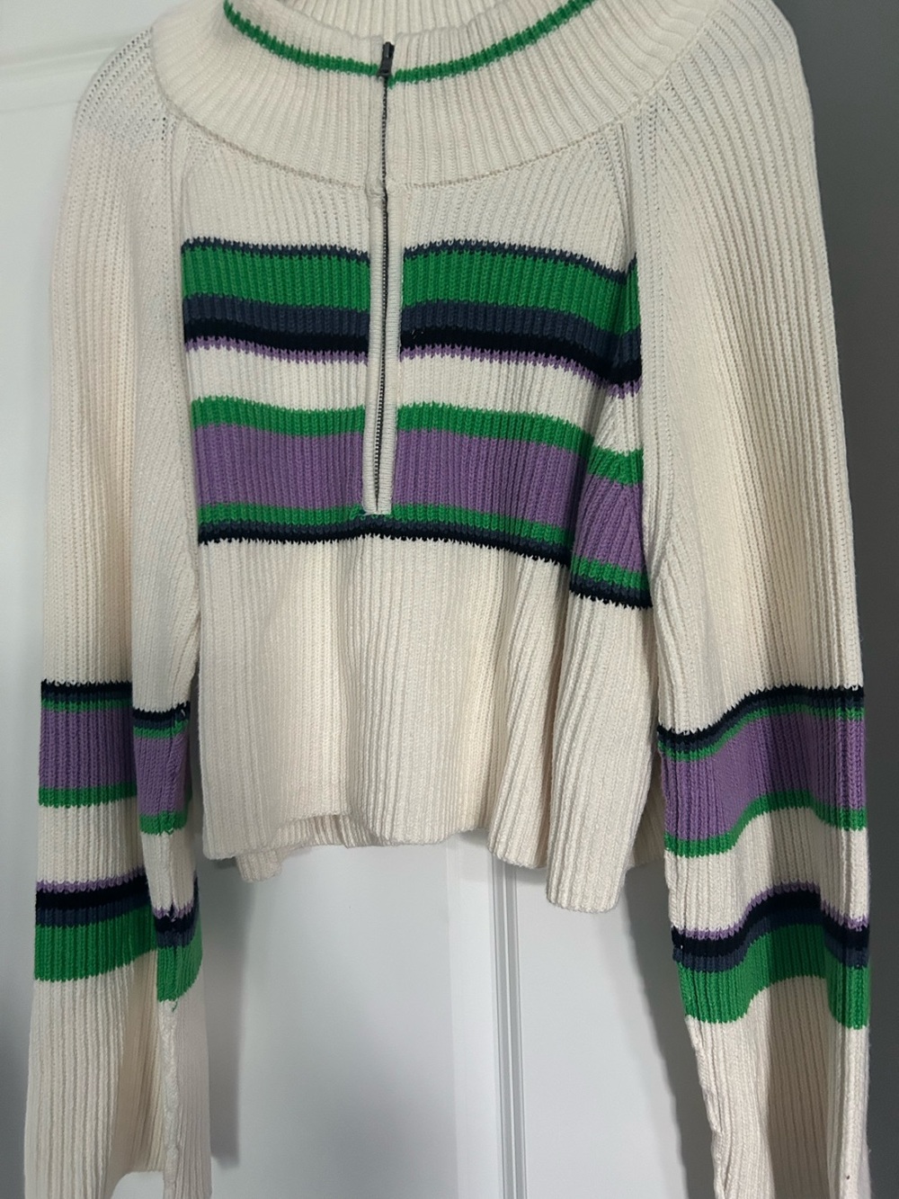 Free People Cream Stripe Half-Zip Sweater with Green and Purple Accents
